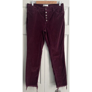 Free People Women's Burgundy Corduroy Button Fly Pants Raw‎ Distressed Hem Sz 31